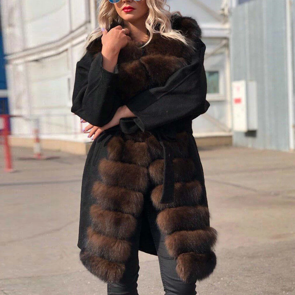 Fashion Long Fox Fur Cashmere Coat with Belt Slim Women Winter New Wool Blends Coat with Long Fox Fur Collar Natural Overcoats
