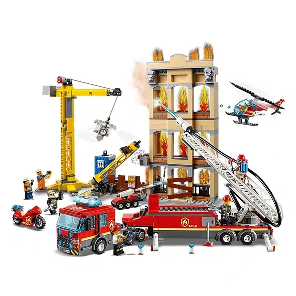 985pcs City Arctic Downtown Fire Brigade Ladder Truck Crane Helicopter 11216 Figure Blocks Toys Compatible with city