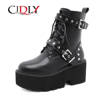 online Cjdly Womens Tornozelo Botas Sexy Rebites Couro Genuíno Chunky Calcanhar Senhoras Rendas Até Goth Punk Plataforma Sapatos Botas De Inverno Tamanho Grande