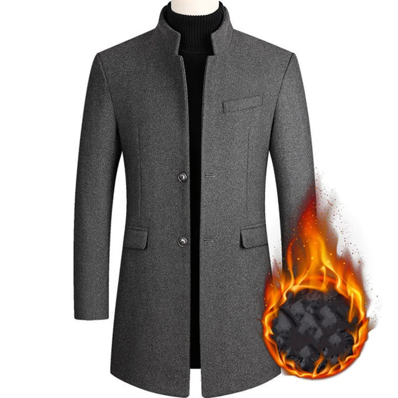 Men Solid Color Wool Thicked Long Trench Coat Men's Single-breasted Slim Fit Dust Coats Business Casual Overcoat Male 7 Color