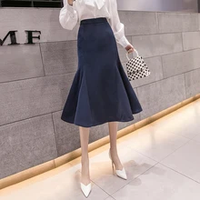 Тонкая Офисная Женская юбка рыбий хвост, юбка миди с высокой талией, юбка рыбий хвост для зимы и осени, модные женские юбки