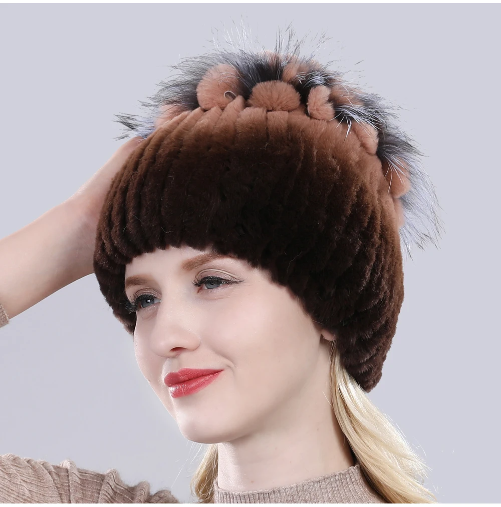 Зимняя женская шапка из меха кролика рекс Леди Мода Настоящий Кролик+ Лисий мех шапочки эластичные теплые модные женские брендовые головные уборы