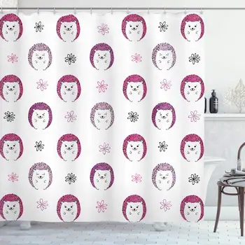 

Hedgehog Shower Curtain, Colorful Spiky Animals with Faces Doodle Flowers Cartoon Style Image, Cloth Fabric Bathroom Decor Set