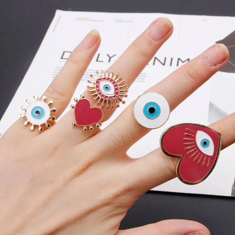 

5Pcs Women Rings Exaggerated Creative Heart Enamel Evil Eye Open Band Jewelry