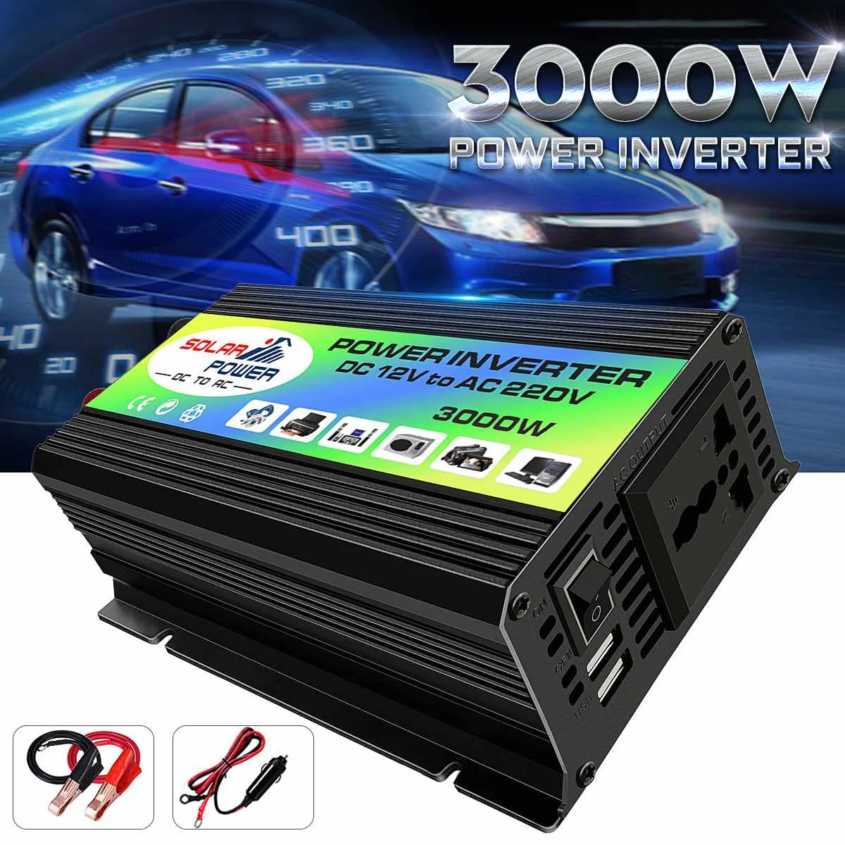 

3000W Car Inverter Power Inverter DC 12V to AC 220V Boat Voltage Power Converter USB Charger Converter with 2 USB
