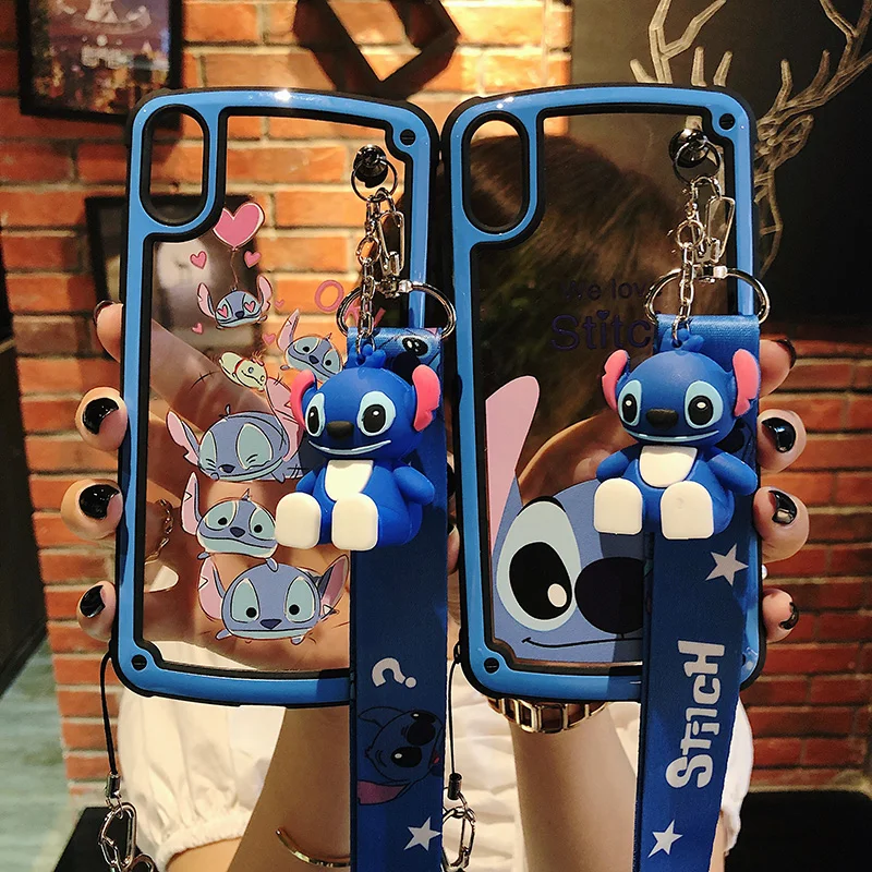 

for iphone XS max XR X Stitch acrylic Clear phone Case For iphone 8plus 7plus 6SP 7 8 6 6S Cute cartoon Cover shell + strap +toy