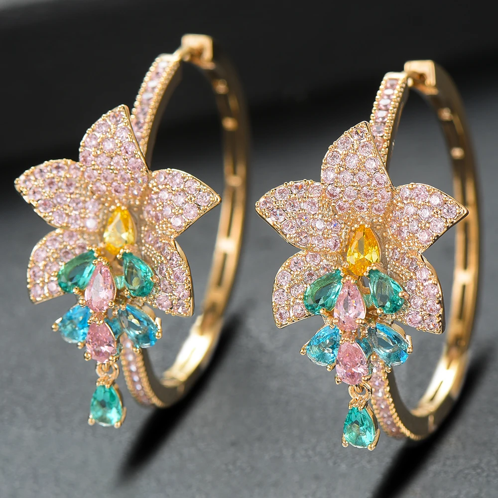

GODKI Luxury 3 Tone Flower Tassel Drop Cubic Zircon Statement Big Hoop Earrings For Women Wedding DUBAI Bridal Hoop Earring 2019