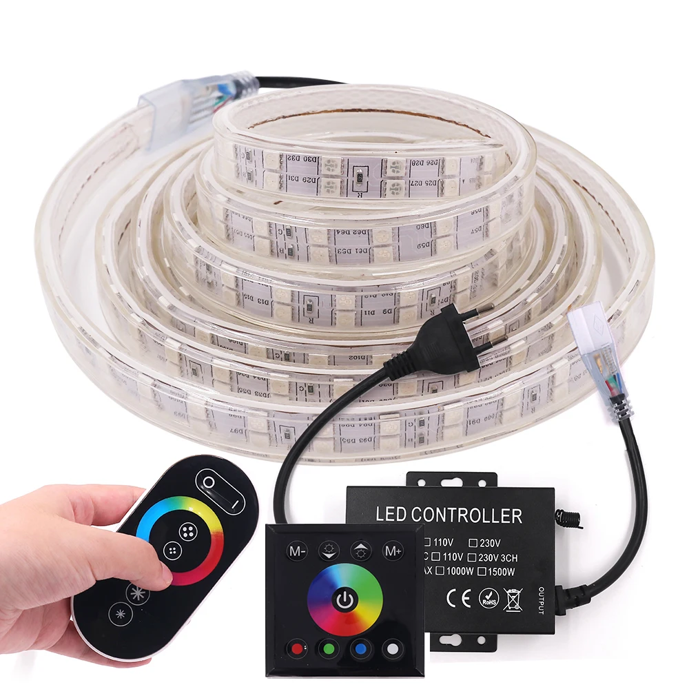 

Super Bright RGB LED Strip Light 220V 5050 120LED/m Remote Control Waterproof Double Row Flex Ribbon Tape Light Home Decoration