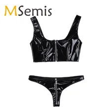 Женский купальник бикини из лакированной кожи, 2 шт., купальник, нижнее белье с молнией, комплект без рукавов, укороченный топ с мини-трусиками, нижнее белье