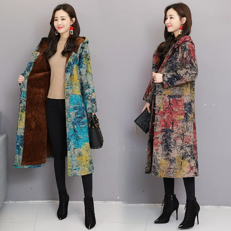 

Fp284-1 @ Autumn And Winter Large Size Retro National Style Printed Cotton Linen Brushed And Thick Frog Hat Overcoat outside