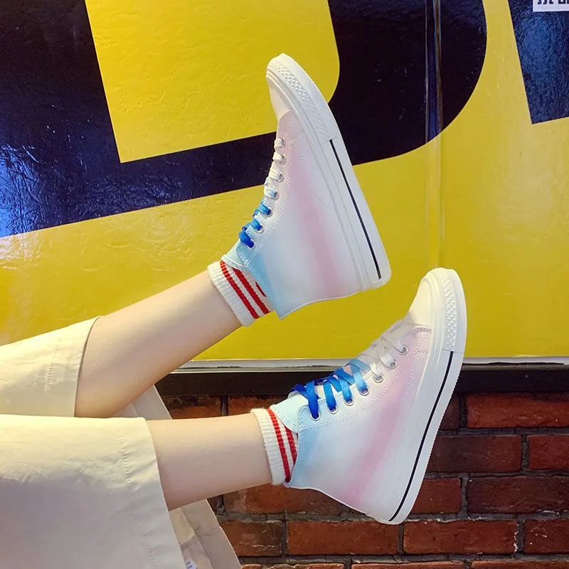 

2019 Summer New Style Versatile Hight-top Gradient Color Canvas Shoes WOMEN'S Shoes Students White Shoes Casual Board Shoes Fash