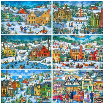 

HUACAN Full Square Diamond Embroidery Winter Cross Stitch Diamond Painting House Mosaic Town Rhinestone Kit Christmas Gift