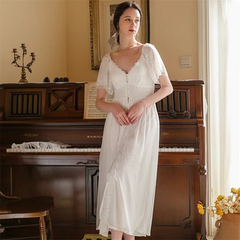 

Vintage Nightgown White Long Sleepwear Vintage White Plus Size Women Home Wear Night Dress For Wedding Nightwear Lingerie T694