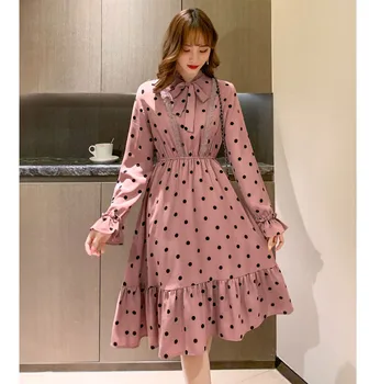 

2020 Autumn New Retro Pink Dress Wave Point Dress Ruffle Women Party Dress