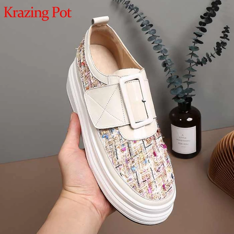 

Krazing pot natural skin platform white sneakers round toe wedges high heels lace up plaid cloth leisure vulcanized shoes L95