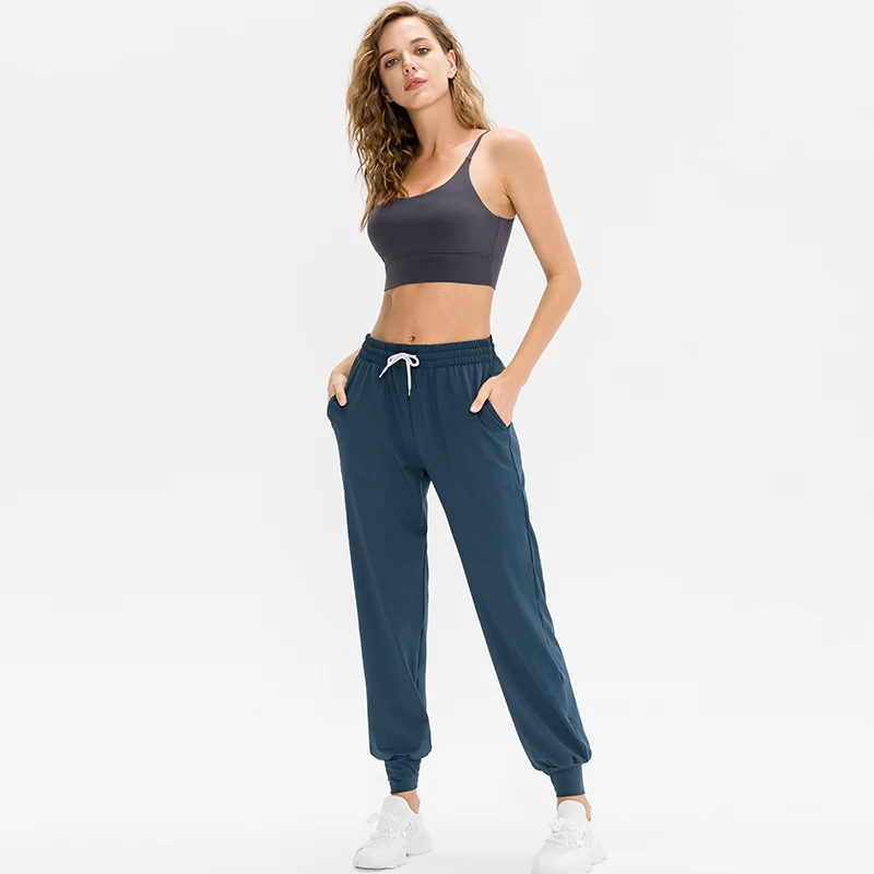 Tie Feet Solid Sports Leggings Women Yoga Casual Long Pants For Fitness Elastic Yoga Pockets Running Women's Pants Gym Clothing