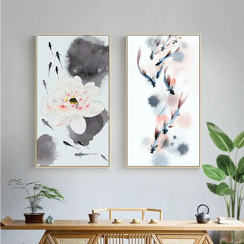 ZHANGFBH Single Panel Wall Decoration Painting Chinese Koi Fish Lotus Canvas Prints Feng Shui Animal Landscape Painting Wall Art Picture For Living Room Moder Home Decoration Canvas Painting 
