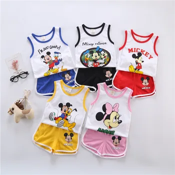 

Cartoon Mickey Minnie Baby Boys Girls Clothing Sets For Toddler Kids Clothea Suits 2020 Printed Vest+Shorts 2Pcs Outfits