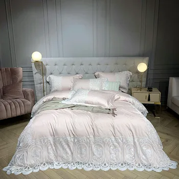 

Four long-staple cotton jacquard cotton cotton double bed quilt cover sheet pillowcase pure color lace bedding