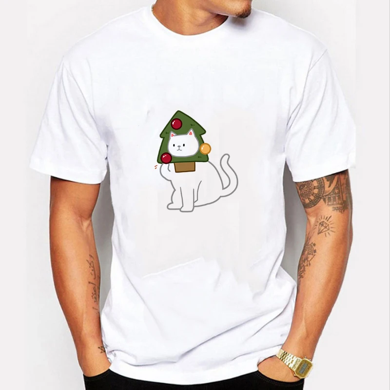 

New Men Cute Cat T-shirt Cotton Short Sleeves White Undershirt Male Solid Mens Tee Summer Brand Clothing Homme Camiseta