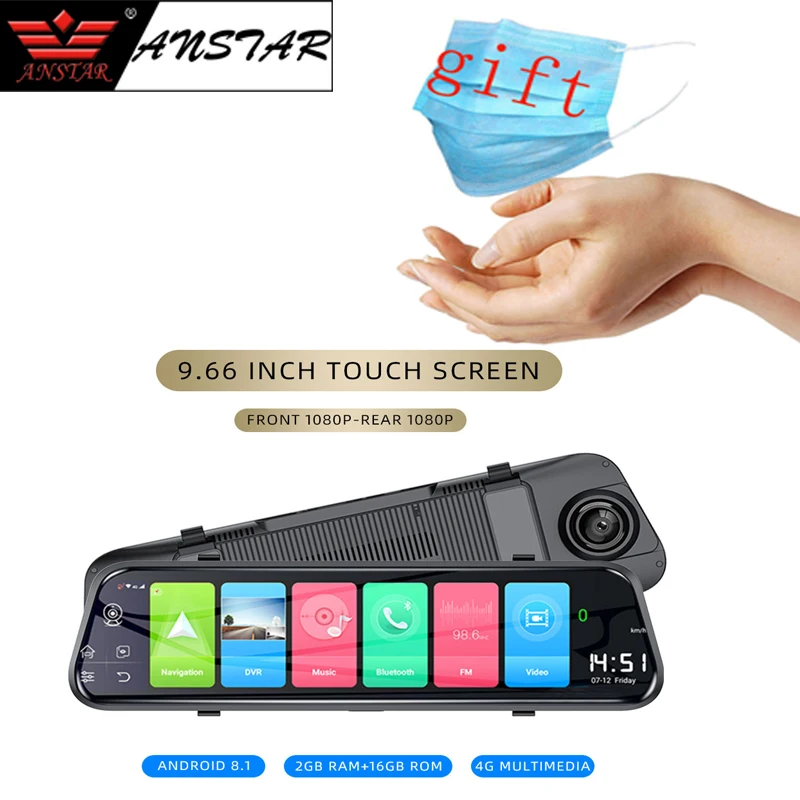 

Anstar 9.66" 4G Car DVR Android 8.1Rearview Mirror 1080P Video Recorder Wifi ADAS GPS Auto Registrar Dash Cam