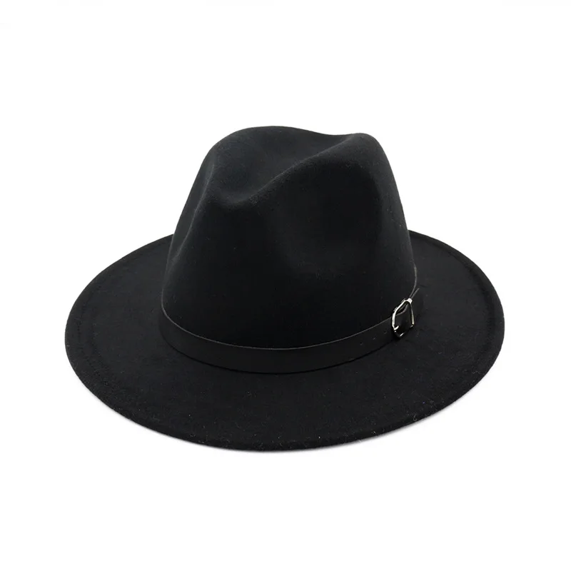 Осенняя и зимняя одноцветная шляпа с полями, шляпа для путешествий, шляпа-федора, джаз, Панама, шляпы для женщин и девушек 50 - Цвет: Черный