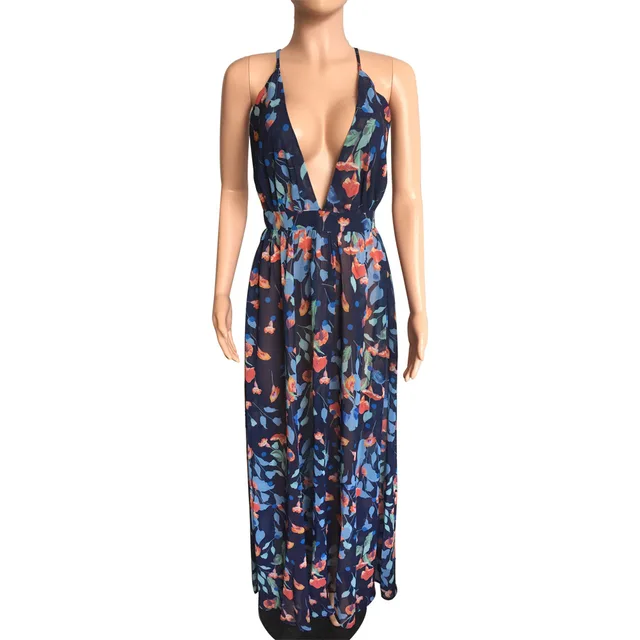 Amazon Low V Neck Maxi Dress Women Sexy Printed Floral Loose Boho