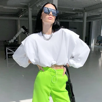 

Chic Waist Drawstring Sweatshirt Knit Pullover Long Sleeve Streetwear Crop Top Ladies 2020 Autumn O-Neck Solid Cotton Pink White