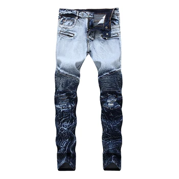 

Sokotoo Men's tie and dyed pleated biker jeans for moto Holes ripped stretch denim pants
