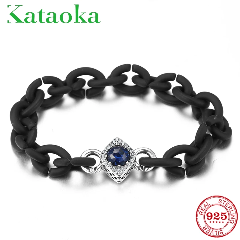 

925 Sterling Silver Rectangle Deep blue Cubic Zircon Bracelets For Women Black Hard Rubber Girlfriend Wife Gift Jewelry