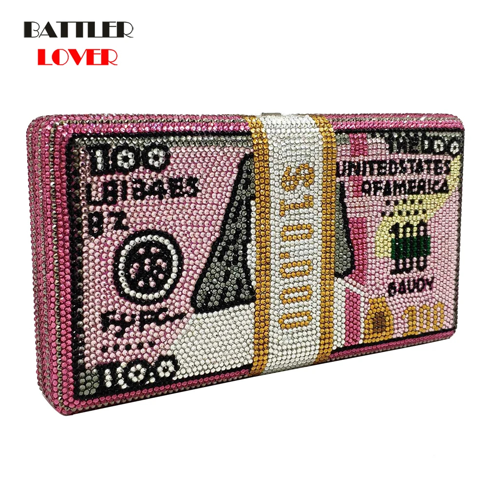 Unique Design USD $100 Dollars Money Clutch Women Crystal Diamond Celebrity Evening Bags Luxury Pink Party Purses Handbag