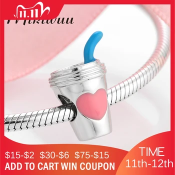 

925 Sterling Silver Pink Enamel heart Coffee or Juice cup charms beads Fit Original Mikiwuu DIY Bracelet Bangles Jewelry Making