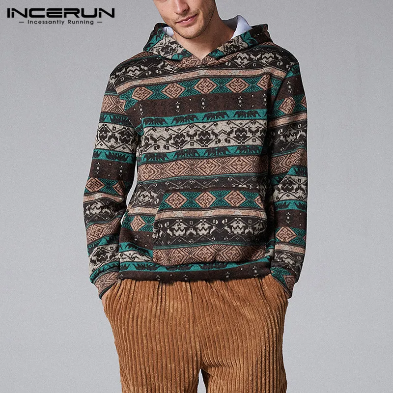 INCERUN, Мужская Повседневная Удобная Рождественская Толстовка с этническим принтом, с длинным рукавом и капюшоном, модная мешковатая мужская толстовка с капюшоном, пуловер для бега 7