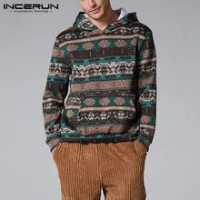 INCERUN, Мужская Повседневная Удобная Рождественская Толстовка с этническим принтом, с длинным рукавом и капюшоном, модная мешковатая мужская толстовка с капюшоном, пуловер для бега 7
