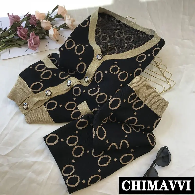 

Autumn 2019 New Contrast Color Bright Silk Knit Cardigan Jacket + Knitted Short Skirt Two-piece Women's Leisure Skirt Suits