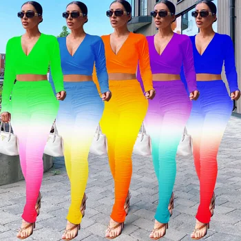 

Echoine Gradient Women Two Pieces Set Casual Tracksuit V-neck Top Stacked Bell Bottom Jogger Sweatpant Suit Outfit Matching Set