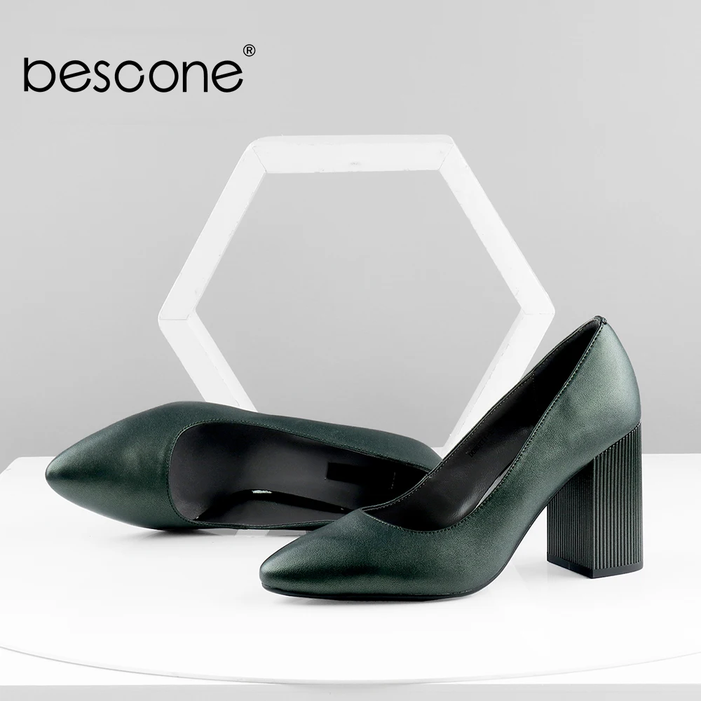 

BESCONE Fashion Green Color Pumps High Quality Sheepskin Shallow Comfortable Square Heel Lady Shoes Party Elegant New Pumps C602