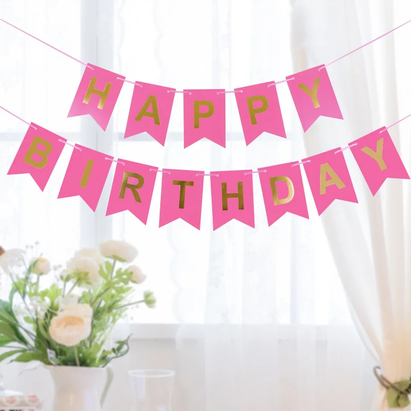 1 Набор «С Днем Рождения» баннеры розово-синие бумажные гирлянды из флажков украшения для дня рождения для мальчиков и девочек - Цвет: Rose Pink