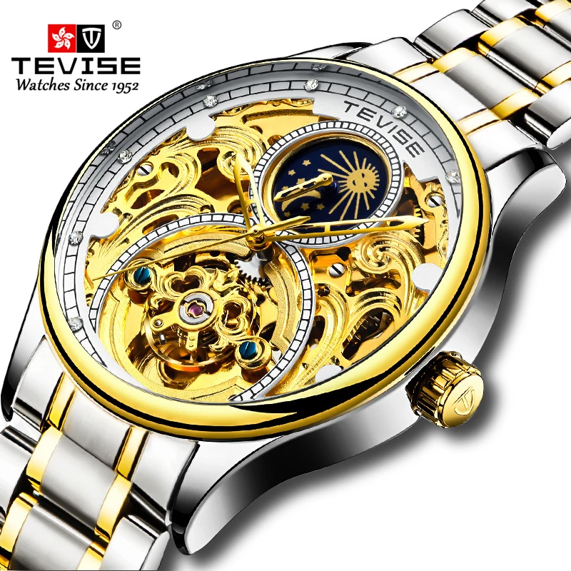 

TEVISE Luxury Brand Automatic Mechanical Men Watch Stainless Steel Skeleton Self-Wind Wristwatch Moon phase Waterproof Watch