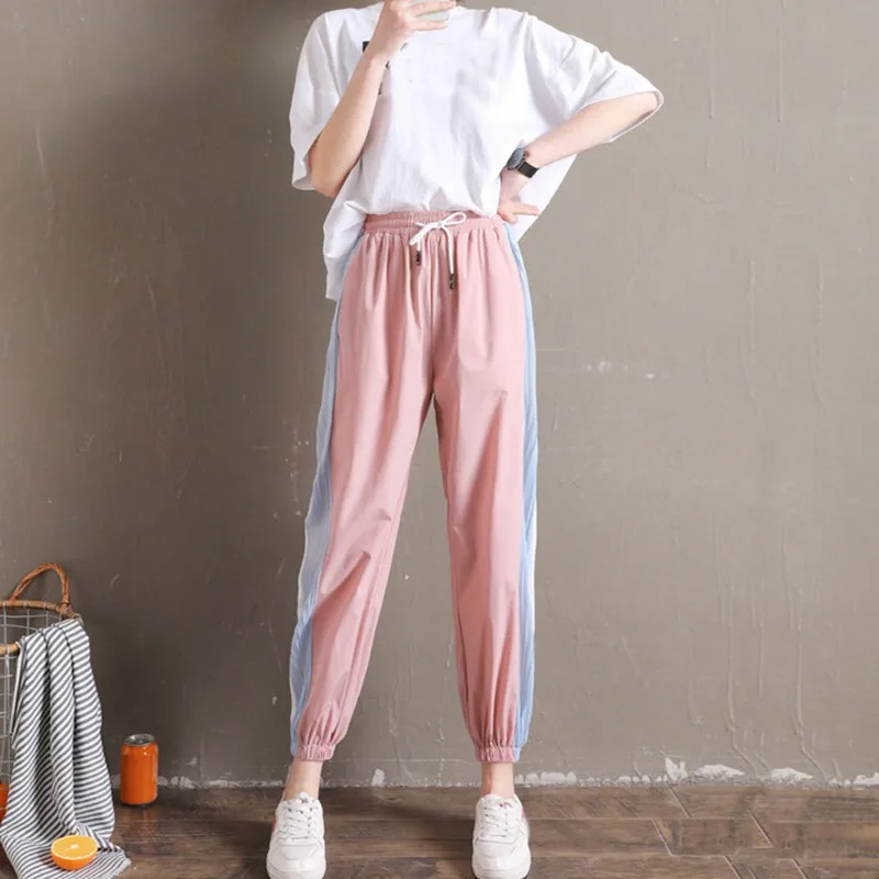 

Preppy Style Sports Casual Wide Leg Pants Harem Pants Solid Women's Sweatpants Patchwork Loose High Waist Trousers