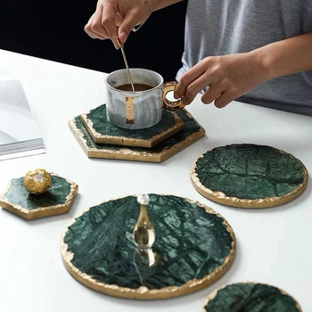 

Luxury Non-Slip Emerald Real Marble Coaster Mug Place Mat Green Stone With Gold Inlay Heat Resistant Trivet Table Decoration