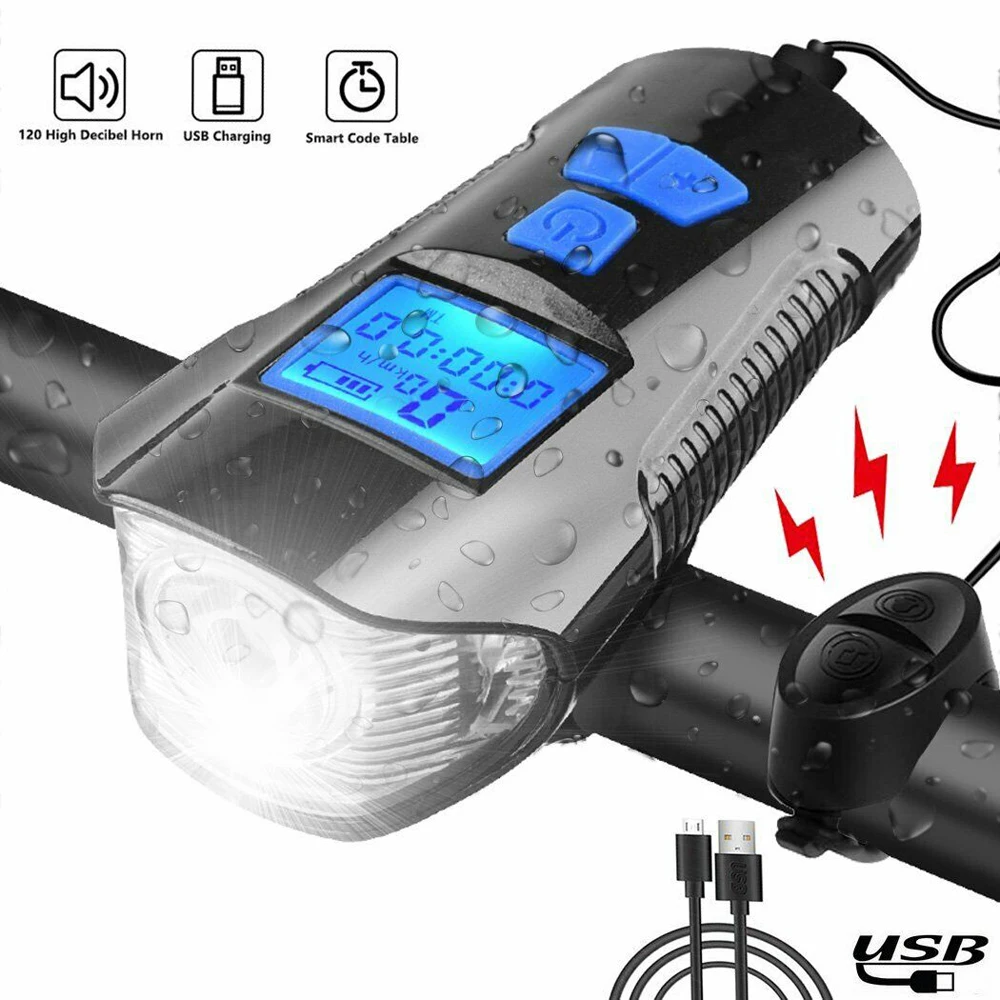 

Waterproof LED Bicycle Light+Bell USB Rechargeable Bike Front Light Flashlight Handlebar Cycling Headlight+Horn LCD Speed Meter