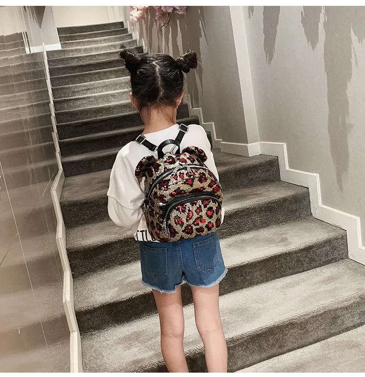 Детский Школьный рюкзак с леопардовым принтом и блестящими ушками Микки Мауса, рюкзак для мальчиков и девочек, рюкзак на плечо