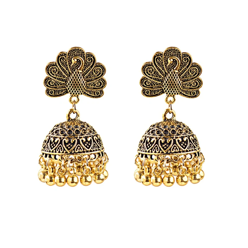 OIQUEI, антикварные, Jhumkas, бохо, этнические, золотые, животные, резные, большой колокольчик, длинные, с кисточками, висячие серьги для женщин, женские индийские цыганские украшения - Окраска металла: HXE096-1