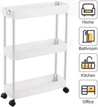 

3-Tier Slim Storage Cart Mobile Shelving Unit Organizer Slide Out Storage Rolling Utility Cart with 4 Hooks for Kitchen Bathroom
