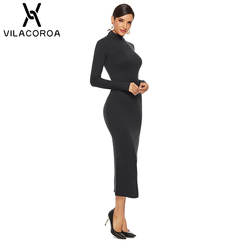 Women's Large Size Long Dress Turtleneck Long Sleeve High Waist Split Fork Asymmetric Dress OL Commuter Ladies Dress Vestito