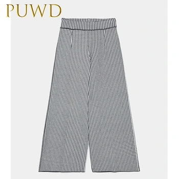 

PUWD 2019 Autumn and winter new women's thousand bird pattern knitting pants high waist wide leg pants casual pants