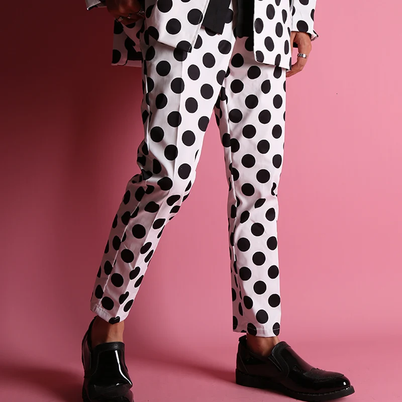 White Point Trousers Личность Slim Fit девять частей брюки точка мужские брюки Для досуга штаны девять часть брюки на подтяжках темно-синий мужской эластичная манжета брюки - Цвет: White Point Trousers
