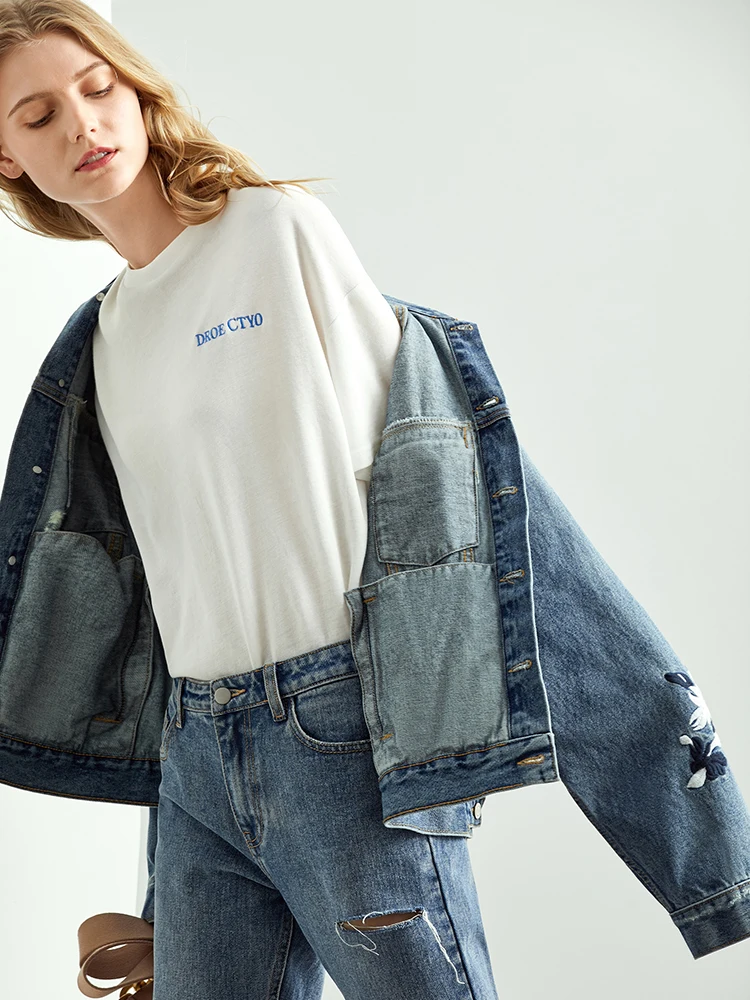 Amii Minimalist Fashionable Casual Coat Fall New Loose Washing Water for Old Embroidered Jeans Jacket