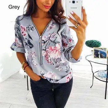 

2020 Summer Casual Shirt Vintage Floral Print Zipper V Neck Chiffon Blouse Mid Sleeve Women Blouses Plus Size Tops 5XL Mujer